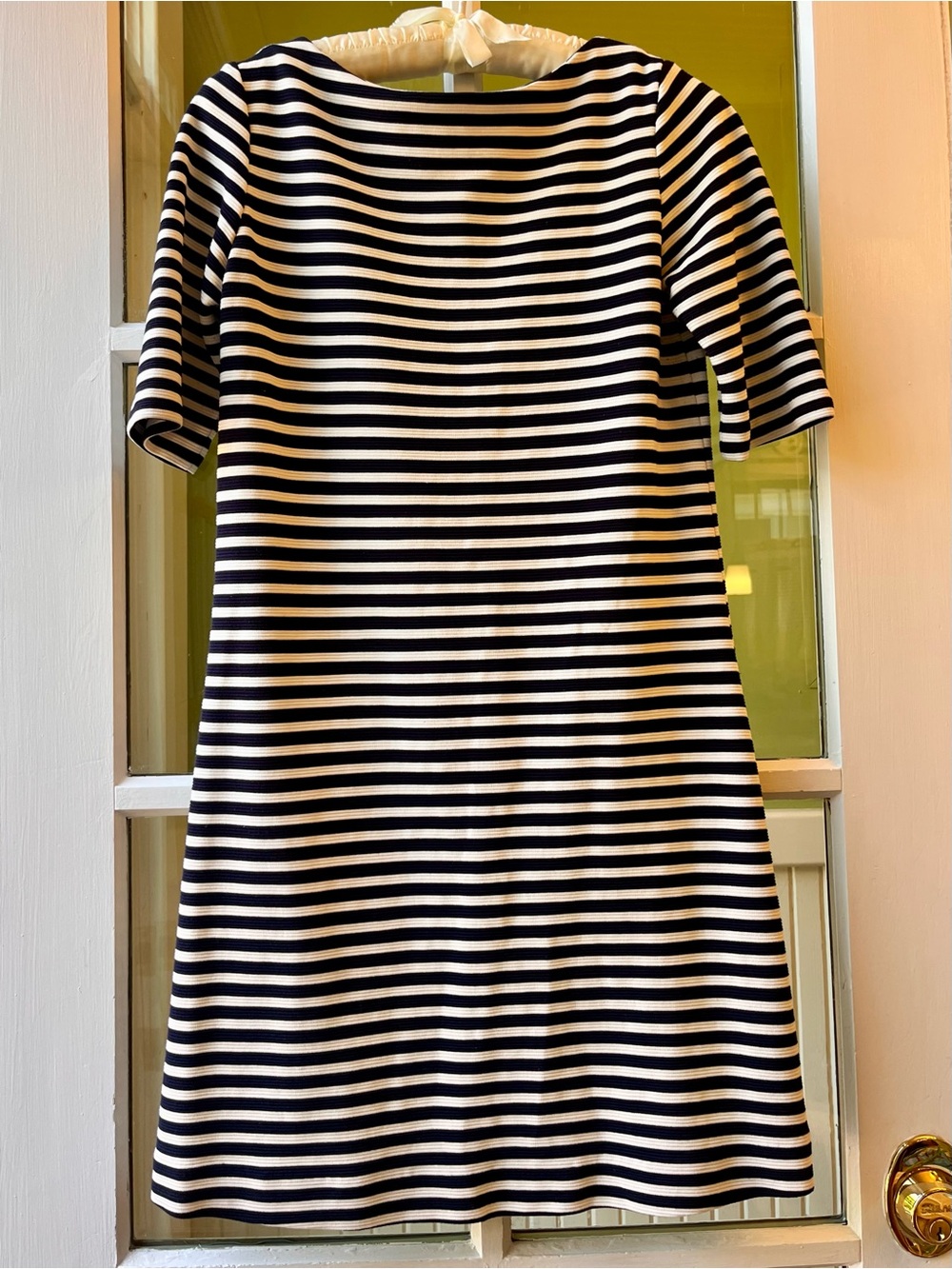 Uniqlo Black and White Striped Short Sleeve Shift Dress with Boat Neck